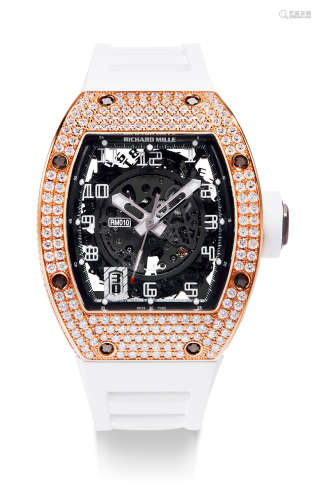 里查德米尔 非常精美，玫瑰金镶钻石酒桶形镶空自动腕表，备日期显示，型号RM 010，年份约2015