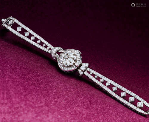 汉密尔顿 精致罕有，女装白金镶钻石水滴形机械链带腕表，备隐藏表盘，年份约1970