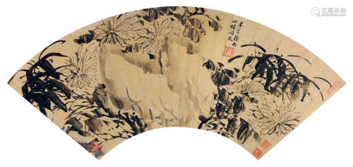 米万钟（1570～1628） 三友图 扇面 水墨金笺