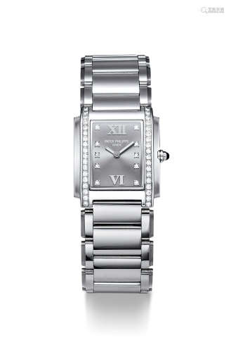 百达翡丽 精美，女装精钢镶钻石长方形链带腕表，「Twenty~4」，型号4910-10A-011，年份约2003，附原厂证书及表盒