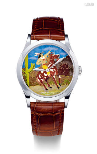百达翡丽 精致罕有，铂金自动腕表，备珐琅表盘，「Native Indian on Horse」，型号5077P- 058， 年份约2010，附原厂证书及表盒