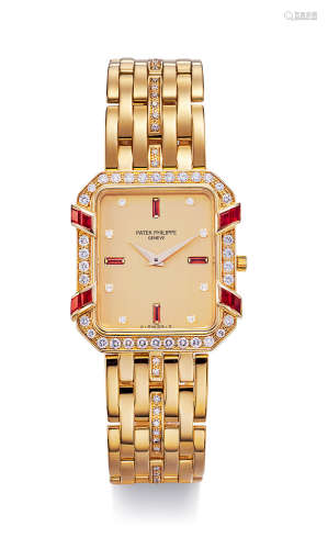 百达翡丽 典雅精美，黄金镶钻石及红宝石长方形链带腕表，型号3833/12，年份约1985，附原厂后补证书