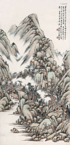 吴徵（1878～1949） 1924年作 清泉峭壁 立轴 设色纸本