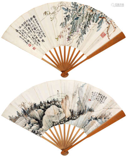 陈半丁（1876～1970） 山林高仕·紫藤 成扇 设色纸本