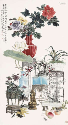 孔小瑜（1899～1984） 1948年作 花果清供图 立轴 设色纸本
