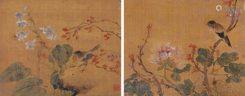 任薰（1835～1893） 花鸟对屏 立轴 设色绢本