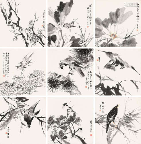 朱梦卢（清） 1885年作 花鸟册 镜心 （九开） 设色纸本