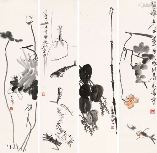 丁衍庸（1902～1978） 夏日清趣四屏 立轴 设色纸本、水墨纸本