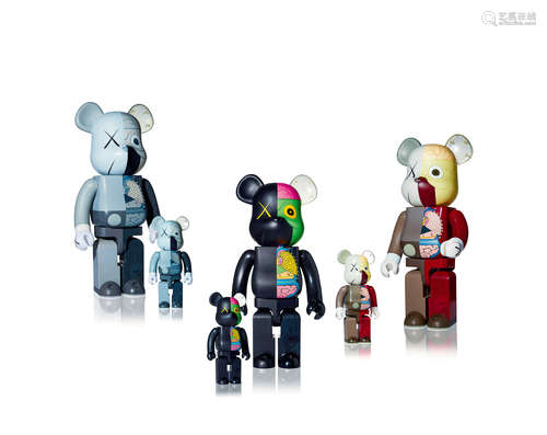 KAWS X BE@RBRICK 1000%及400%解剖版Companion（灰，棕，黑 ） （六件一组） 彩绘搪胶