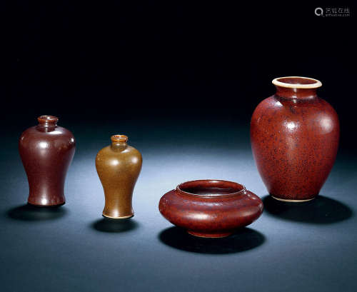 清18世纪 铁锈釉水盂，小梅瓶，茶叶末小梅瓶，小罐 （共四件）