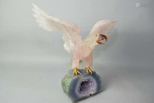 Rose Quartz and Purple Quartz Eagle Sculpture