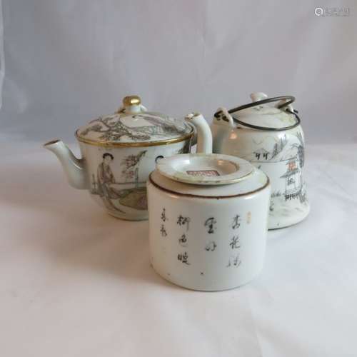 Three Chinese Famille Rose Tea Pots and Caddy