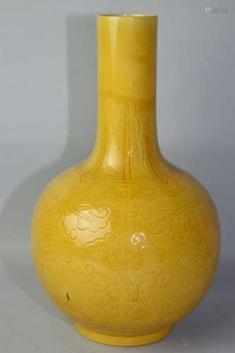 19-20th C. Chinese Yellow Glaze Relief Carved Vase
