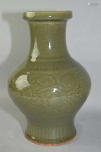 Qing Chinese Faux Longquan Glaze Relief Vase