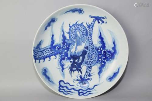 Qing Chinese Blue and White Dragon Plate