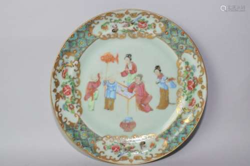 18-19th C. Chinese Pea Glaze Famille Rose Plate
