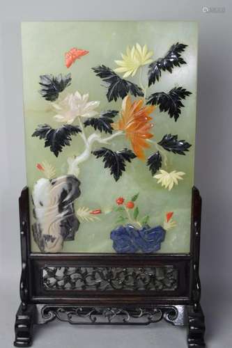 Chinese Precious Stone Inlay Jade Table Screen