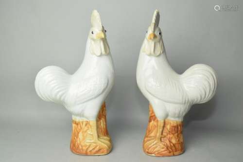 Pair of 19-20th C. Chinese Porcelain Rooster, Marked