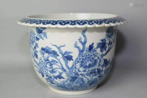 19-20th C. Chinese Blue and White Flower Pot, Marked