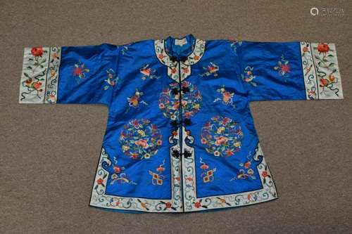 20th C. Chinese Blue Embroidered Robe