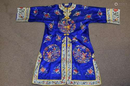 20th C. Chinese Blue Embroidered Robe