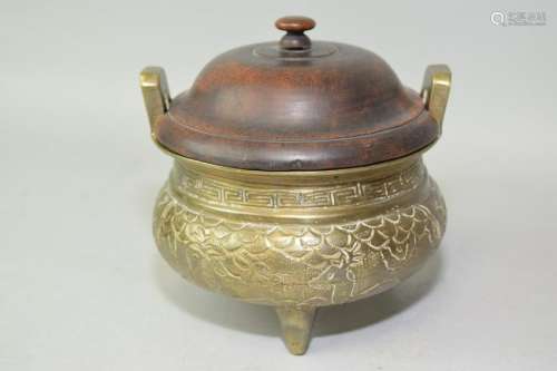 19-20th C. Chinese Brass Relief Carved Censer