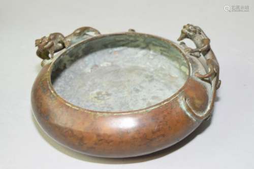 19-20th C. Chinese Bronze Chilung Brush Washer, Marked