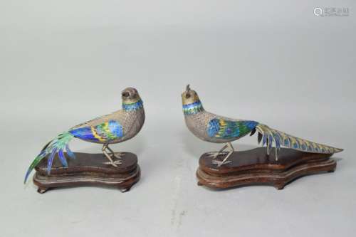 Pair of 20th C. Chinese Enamel over Silver Peacock