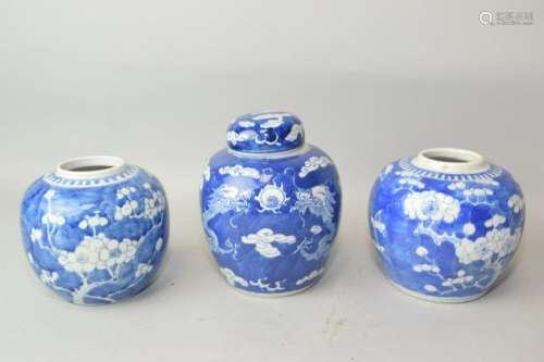 Three 19-20th C. Chinese Blue and White Jars