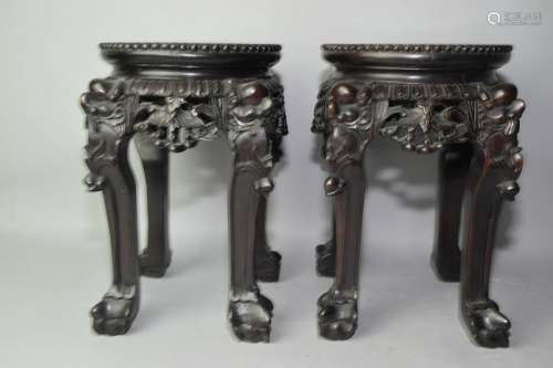 Pair of 19th C. Chinese Marble Inlay Hongmu Stands