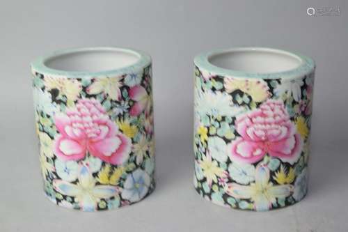 Pair of Republic Chinese Famille Noir Brush Pots