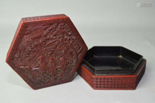 18-19th C. Chinese Cinnabar Carved Hexagonal Box