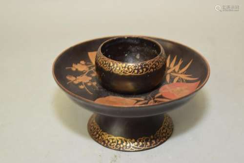 19-20th C. Japanese Gold Painted Lacquer Cup Holder