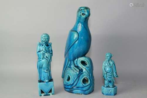 Three Qing Chinese Peacock Blue Glaze Figures