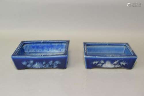 Two Qing Chinese Blue Glaze Pate-sur-Pate Flower Pots
