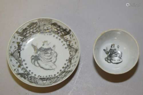 Two 18th C. Chinese Ink Painted Cup and Saucer