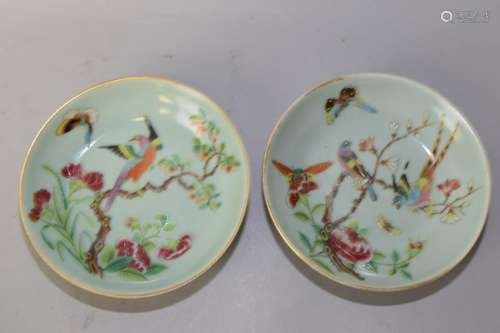 Two 18-19th C. Chinese Pea Glaze Famille Rose Plates