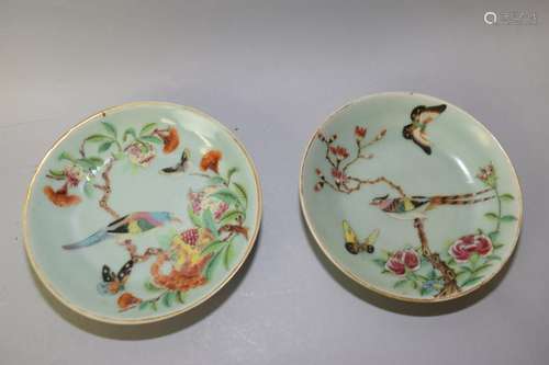 Two 18-19th C. Chinese Pea Glaze Famille Rose Plates