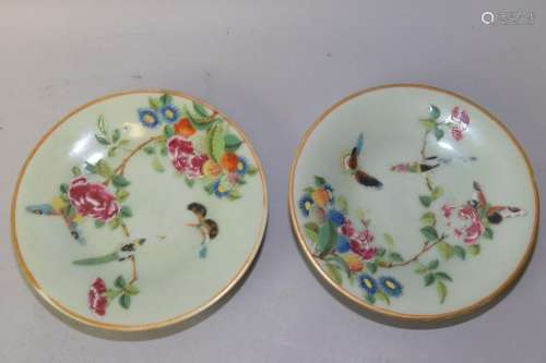 Two 18-19th C. Chinese Pea Glaze Famille Rose Plates