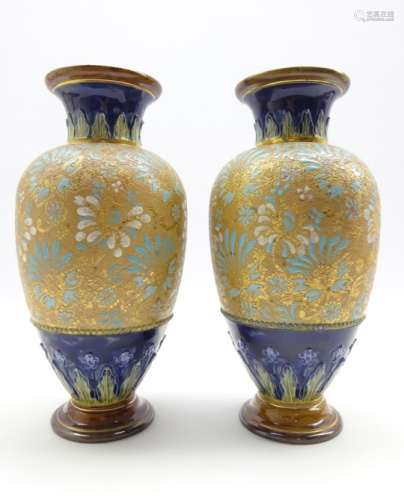 Large pair Art Nouveau Royal Doulton chine pattern baluster vases by Maud Bowden,