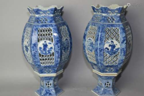 Pair of 19-20th C. Chinese Blue and White Lamps