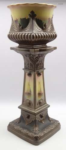 Late Victorian Tooth & Co Bretby jardiniere and stand of square design with panels of sailing ships