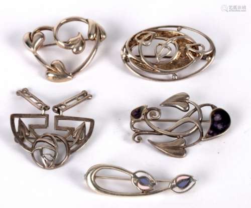 Five Charles Rennie Mackintosh style brooches, one with Edinburgh hallmarks, approximately 22.