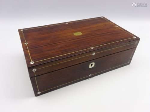 Victorian rosewood writing box with writing slope and mother of pearl inlay W41cm