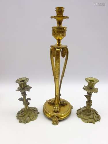 Tall Adam design brass candlestick with classical decoration H46cm ansd a pair of cast ormolu