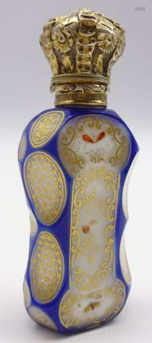 Bohemian glass scent flask in blue, white and gilt with gilded hinged cover inscribed 'Mordan & Co,