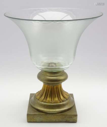 Large glass and painted gilt table centre piece of everted design on a square base H38cm