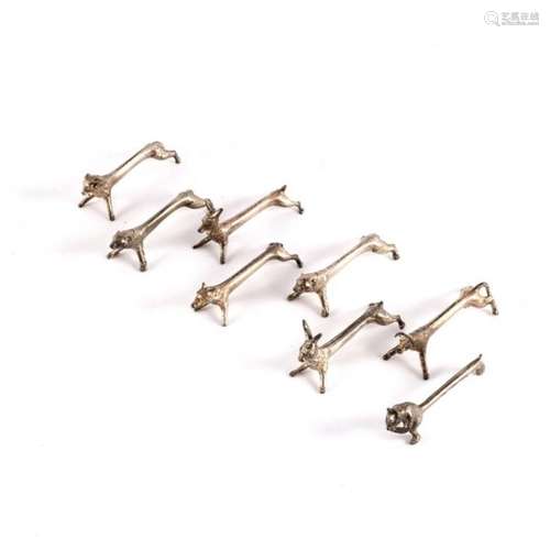 Eight French Art Deco plated knife rests, of animal form including ram, boar, bull,