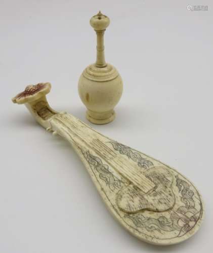 19th Century bone Pounce Pot with pierced cover H8cm and a carved bone miniature lute with engraved