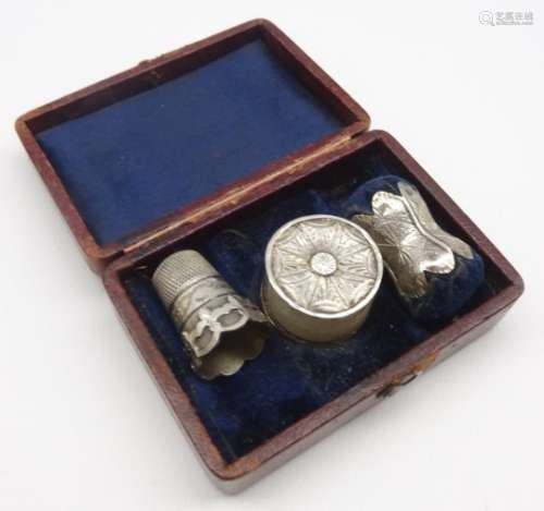 Cased sewing trio comprising thimble, waxer and girdle pin cushion,